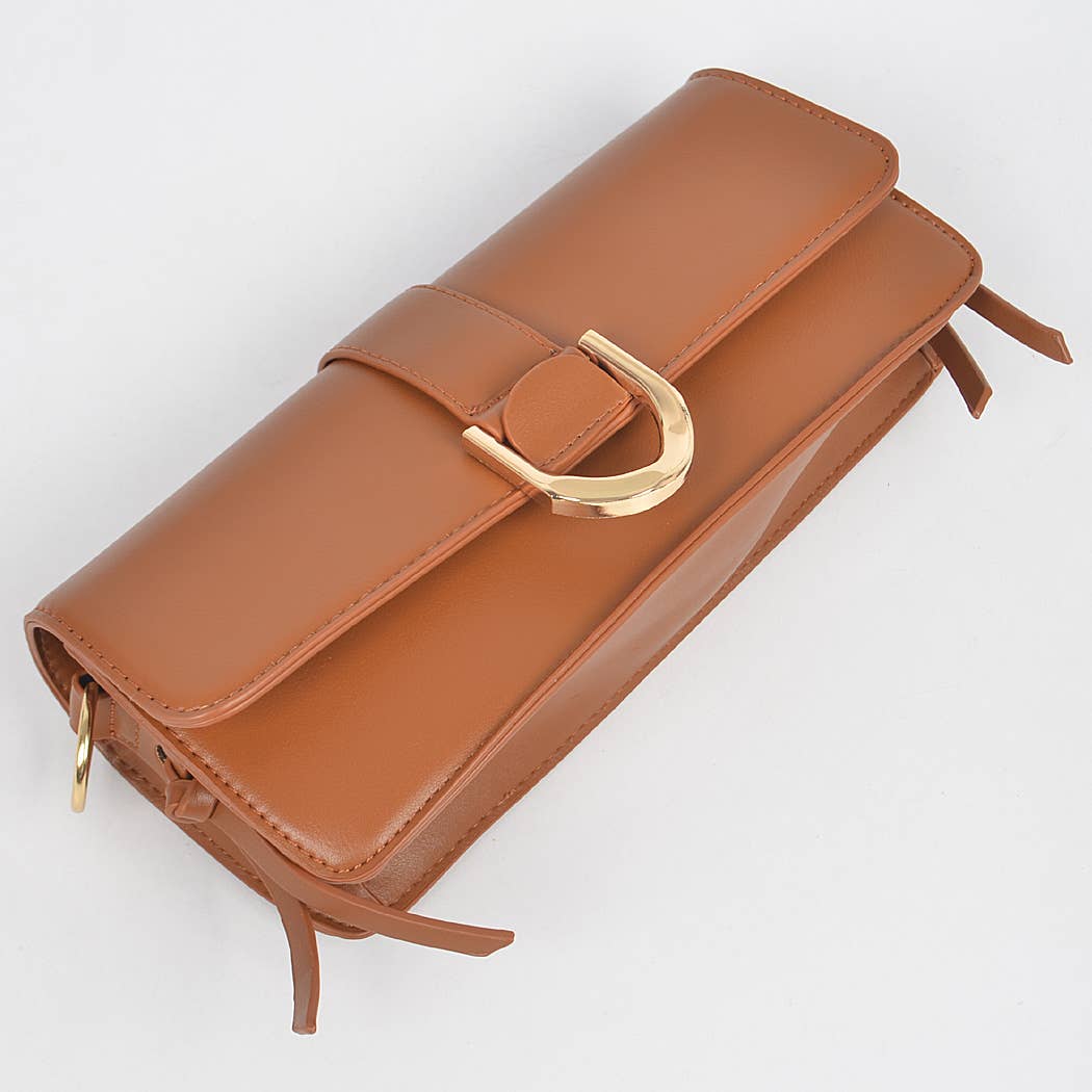 Faux Leather Rectangle Shape Shoulder Bag: Camel