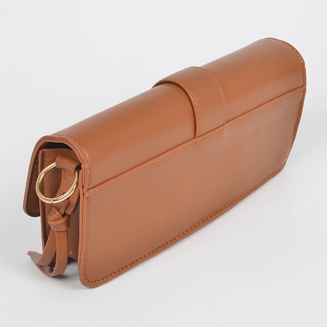 Faux Leather Rectangle Shape Shoulder Bag: Camel