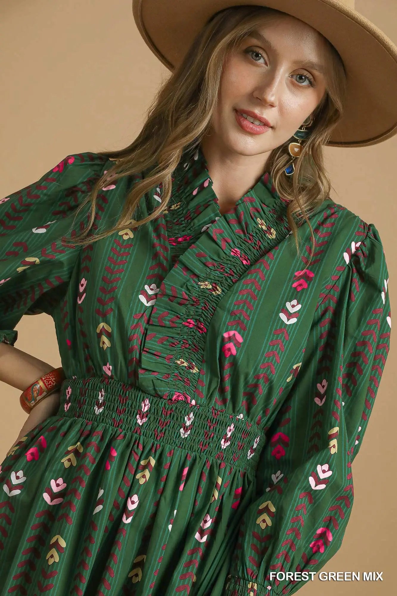 Green Floral Ruffled Collar Midi Dress