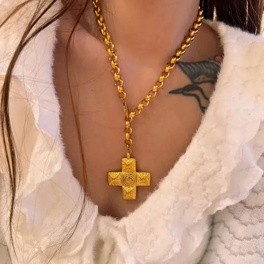 Chunky Cross Pendant Necklace in Gold