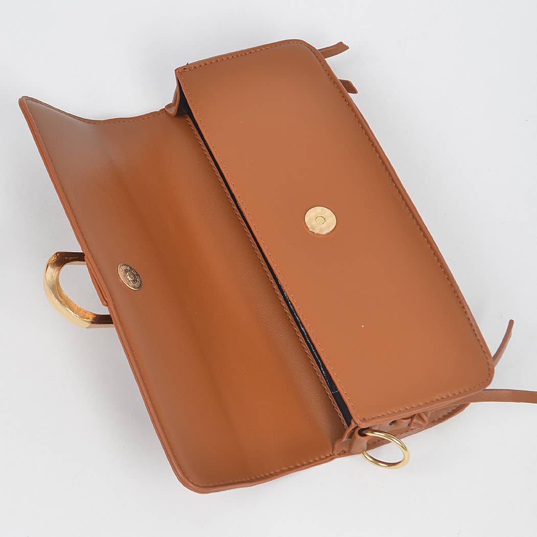 Faux Leather Rectangle Shape Shoulder Bag: Camel