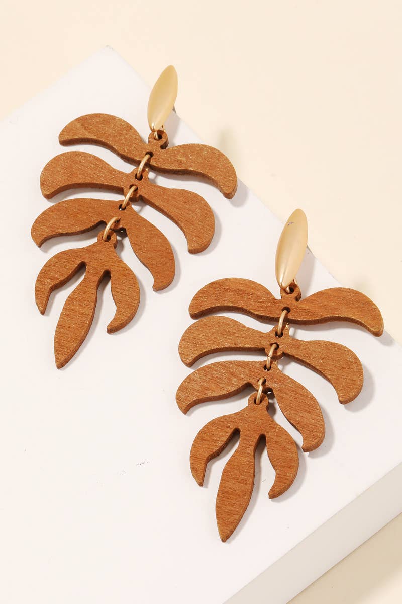 Tiered Wood Monstera Earrings