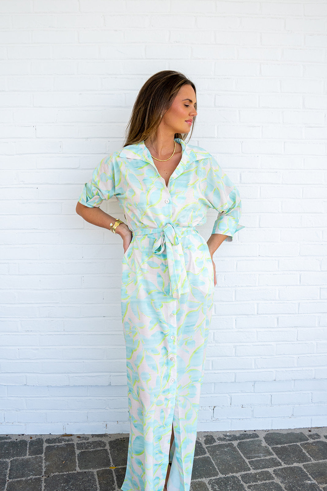 Serenity Point Maxi Dress - Aqua Print