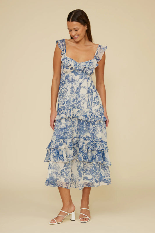 Blue Florals Ruffled Dress