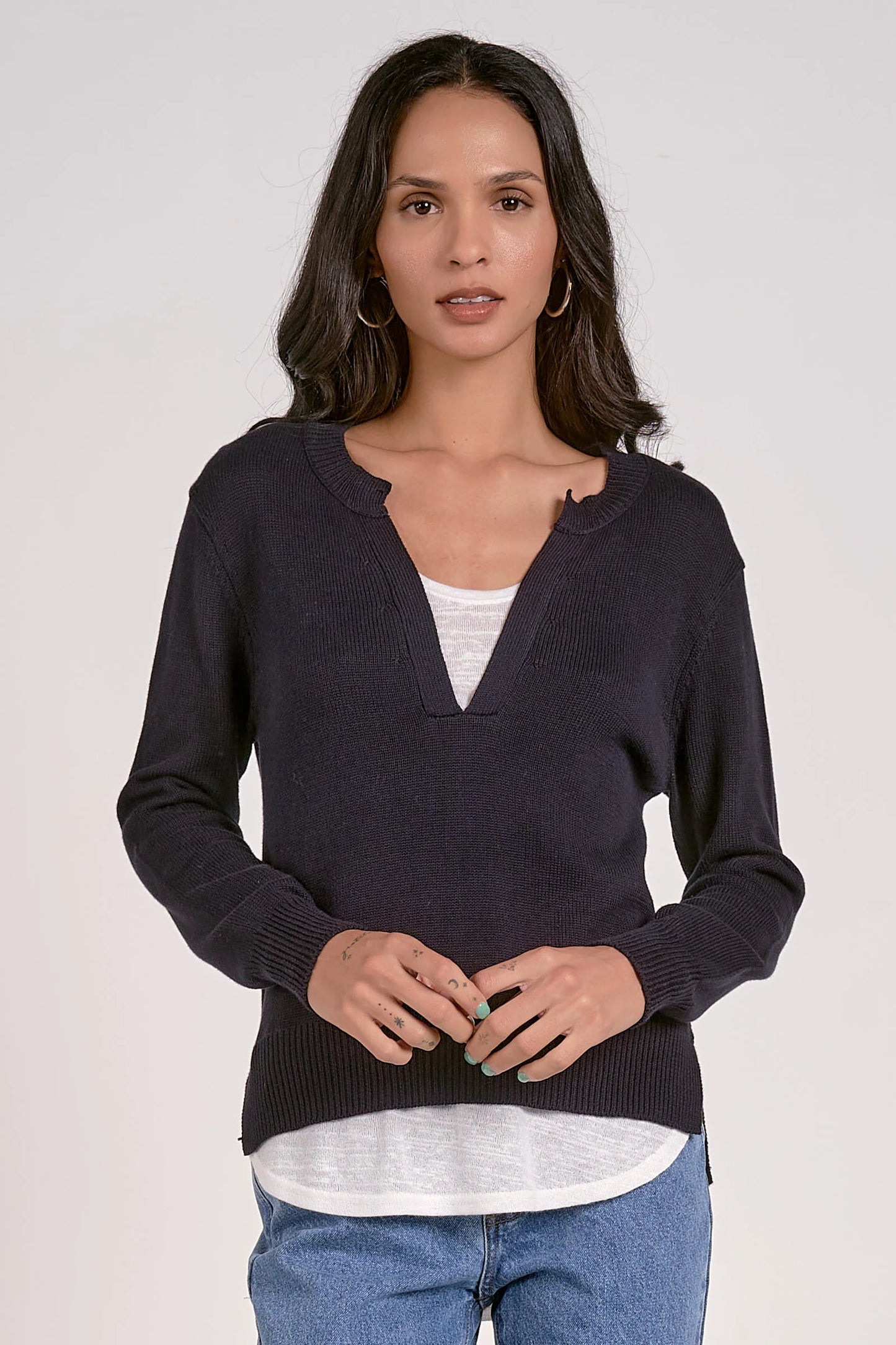 V Neck Layered Sweater - Navy & White