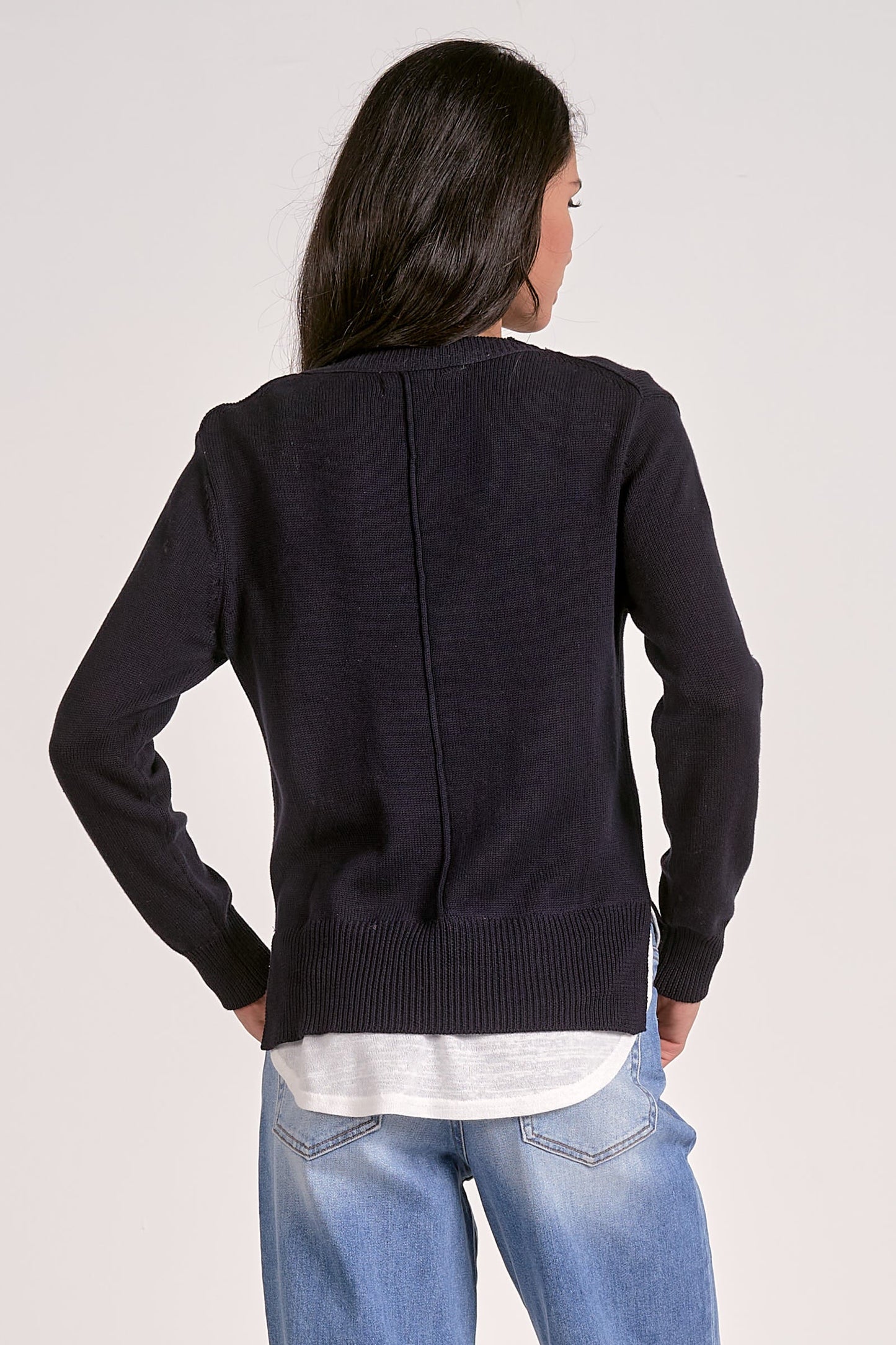 V Neck Layered Sweater - Navy & White
