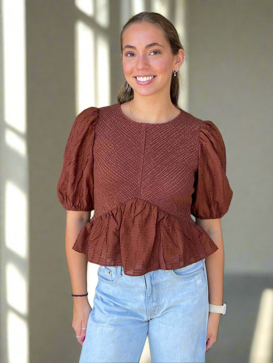Smocked Chocolate Peplum Top