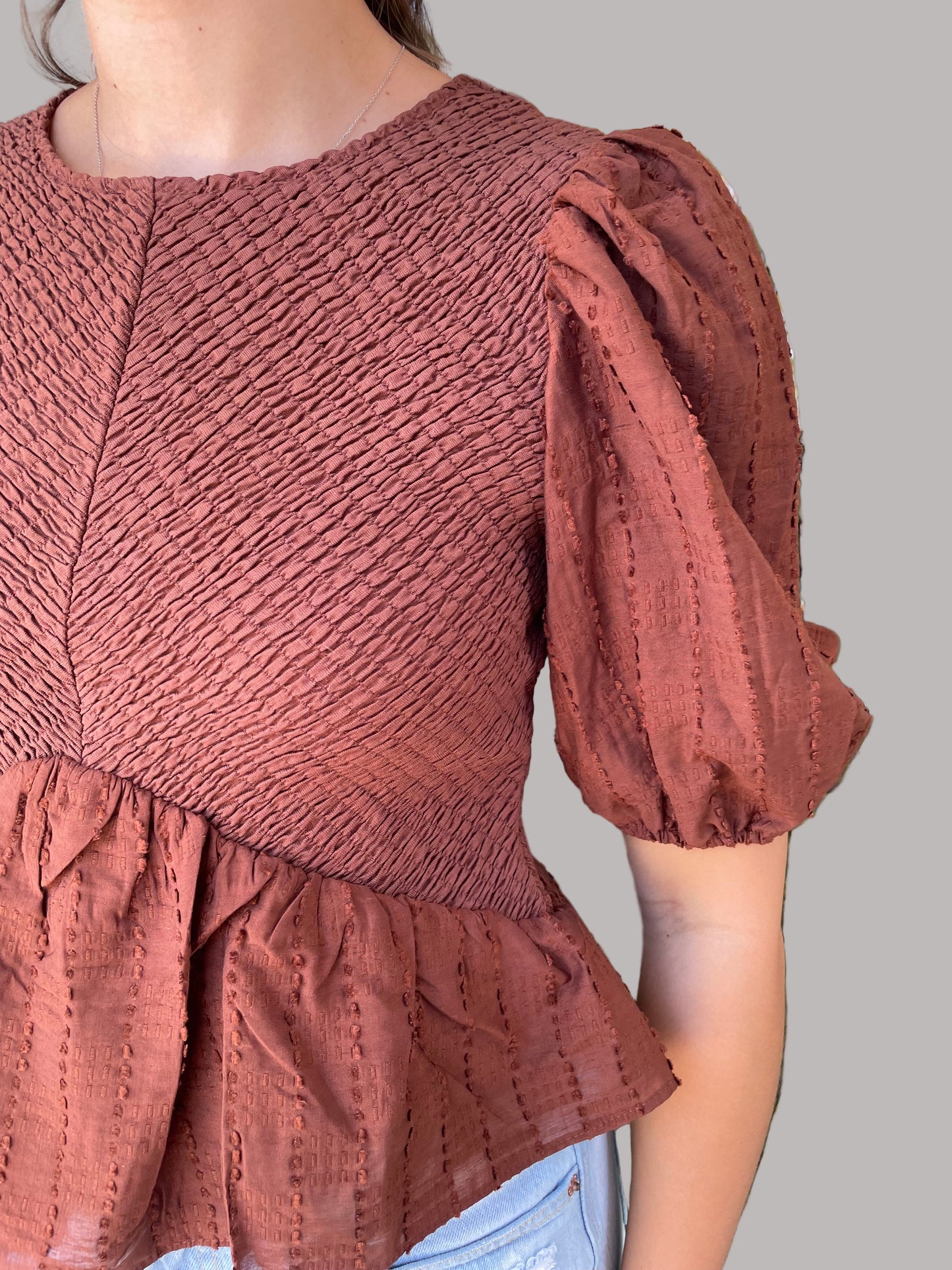 Smocked Chocolate Peplum Top