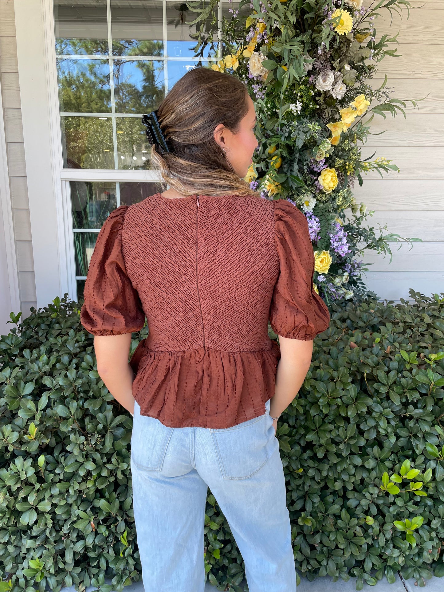 Smocked Chocolate Peplum Top