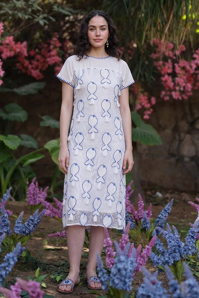 embroidered fish dress Needle Color:Vanilla Bouquet 100% cotton FESTIVAL22 Women's Sexy Sleeveless Hollow