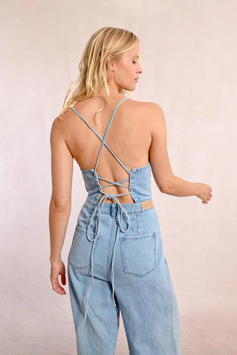 Laced Up Denim Jumpsuit
