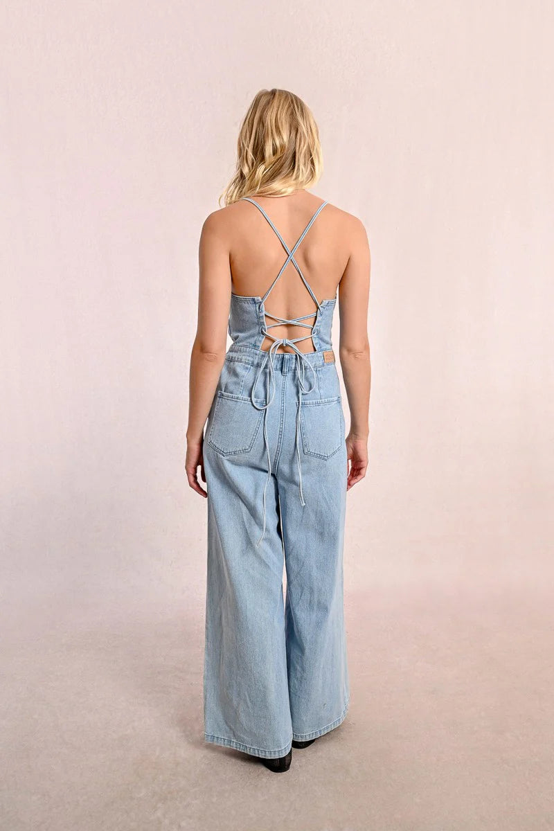 Laced Up Denim Jumpsuit