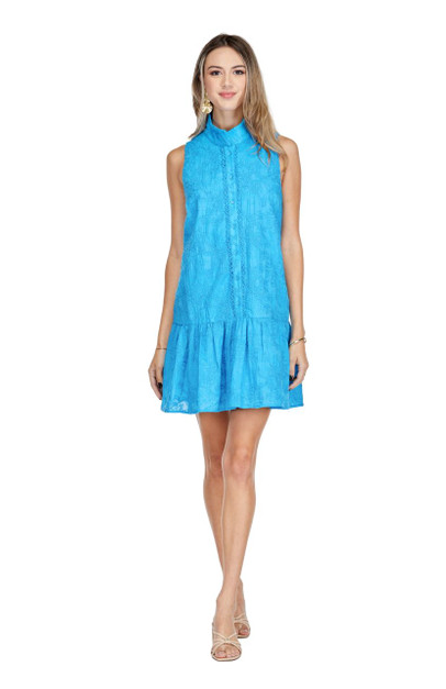 Turquoise High Neck Trim Dress