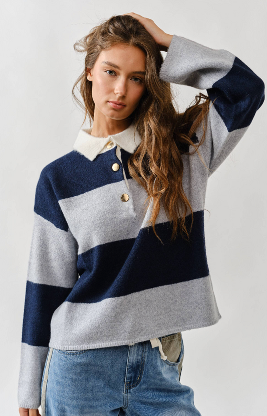 Stripe Polo Sweater - Navy/Gray