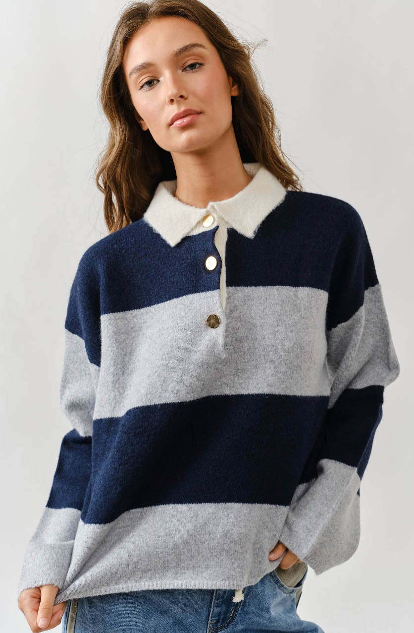 Stripe Polo Sweater - Navy/Gray