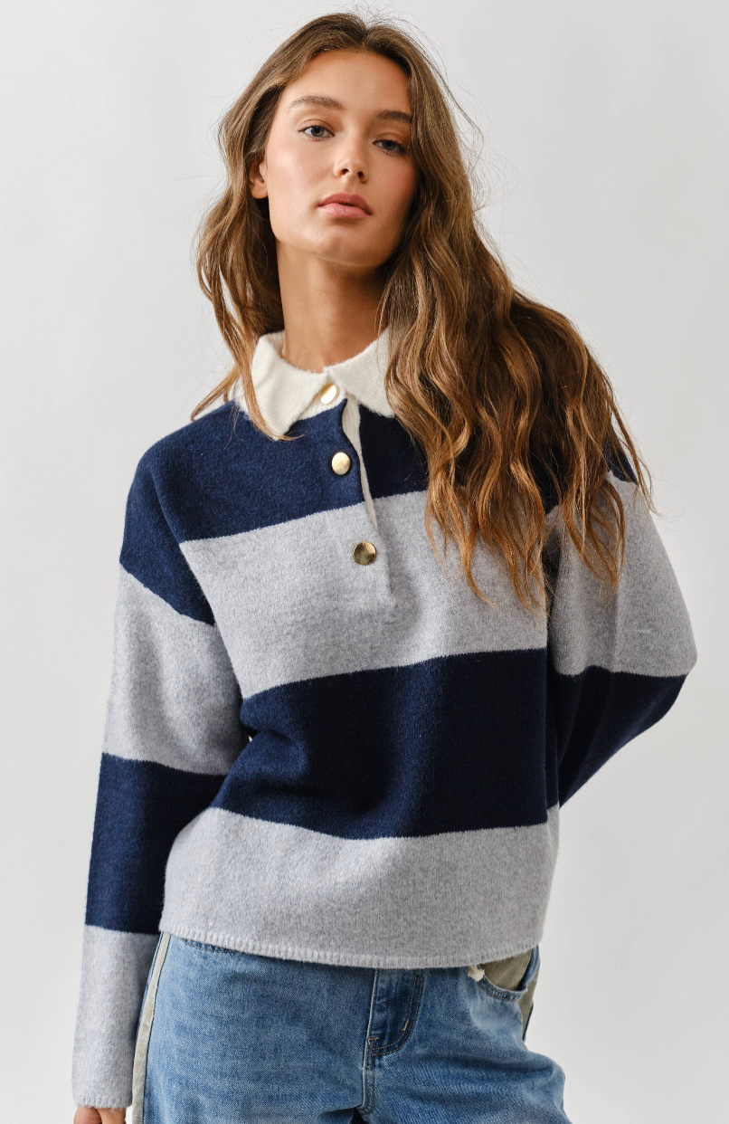 Stripe Polo Sweater - Navy/Gray