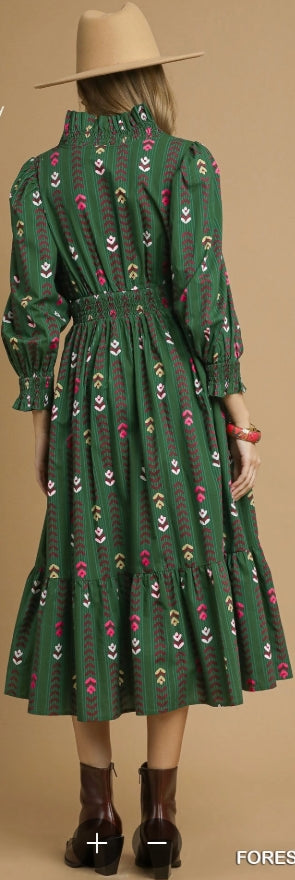 Green Floral Ruffled Collar Midi Dress