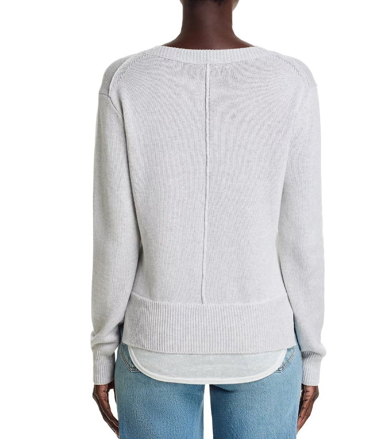 V Neck Layered Sweater -Gray & White