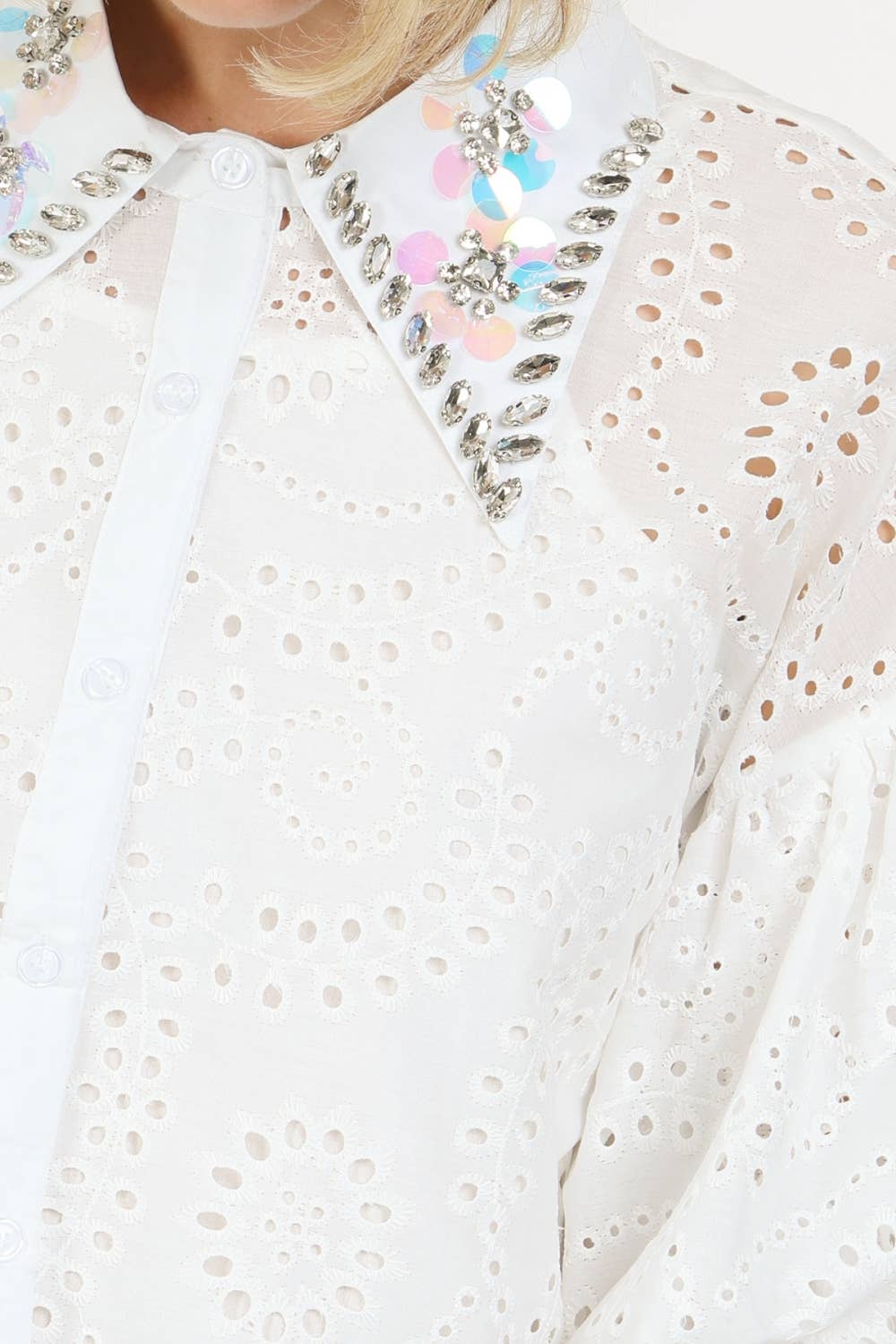 Iridescent Sequined & Embellished Eyelet Blouse
