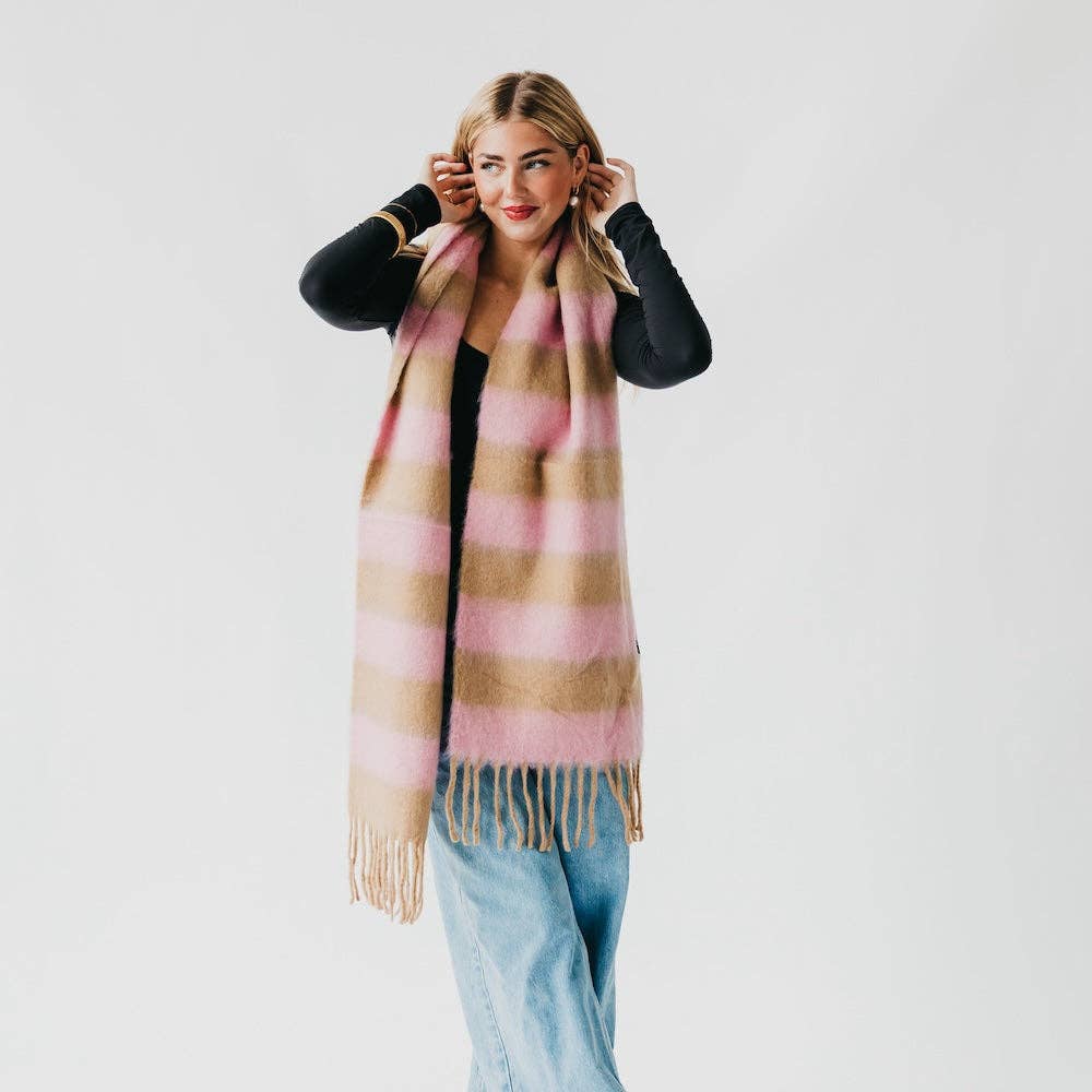 Stevie Striped Tassel Scarf: Tan/Pink