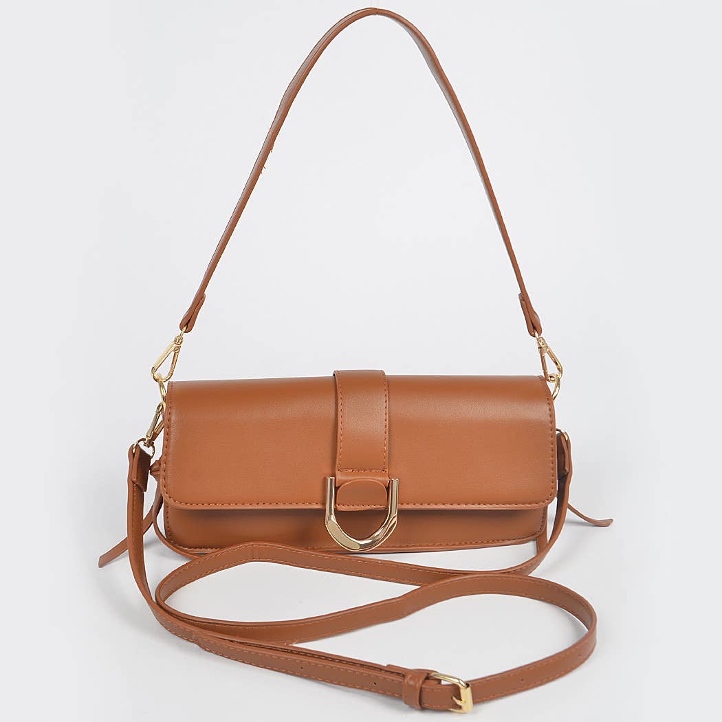 Faux Leather Rectangle Shape Shoulder Bag: Camel