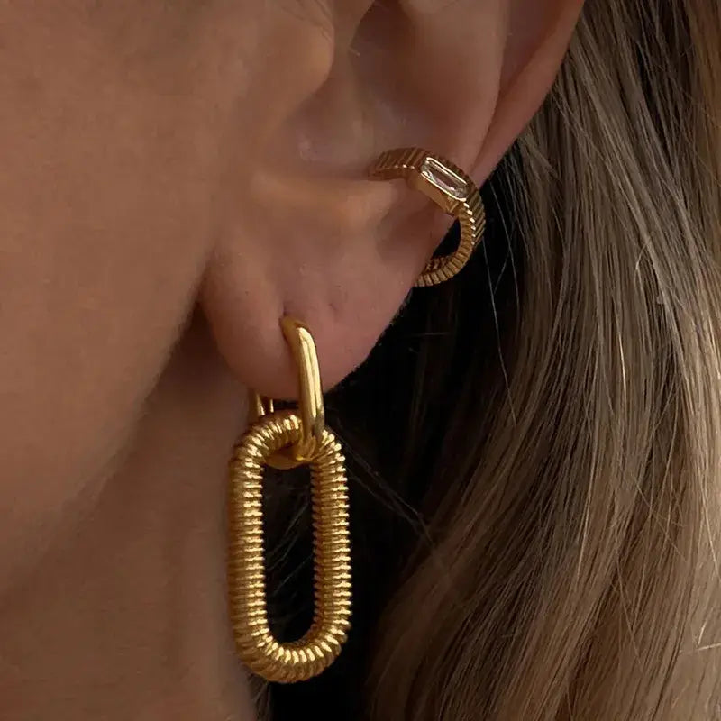 Oval Gold Hoop Drop Earrings Stainless Steel