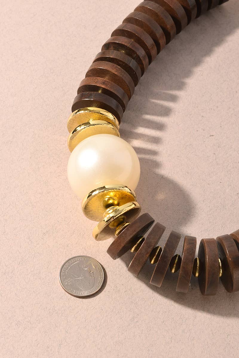 Wood Disc & Pearl Statement Necklace