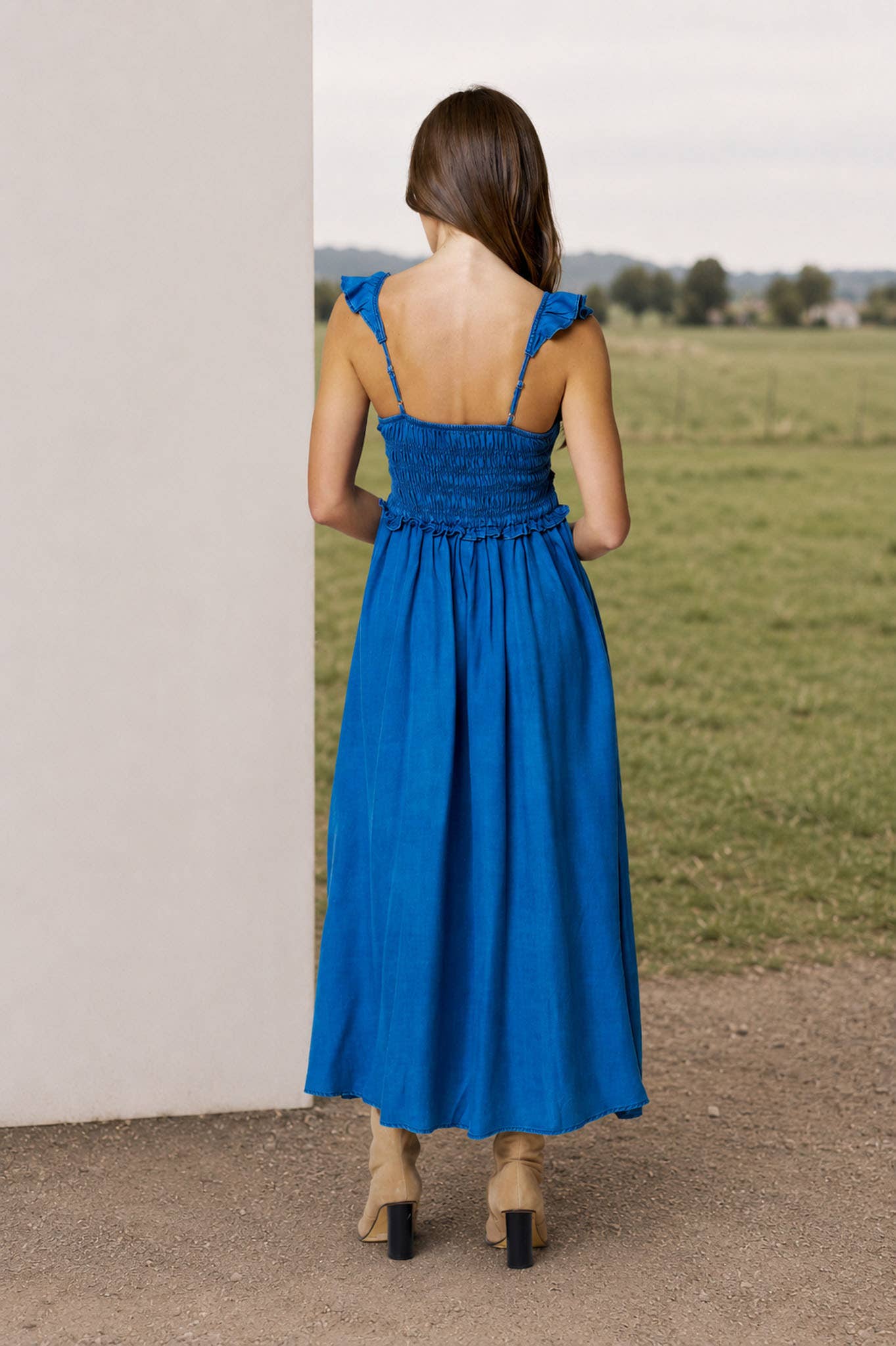 Smocked Denim Midi Dress