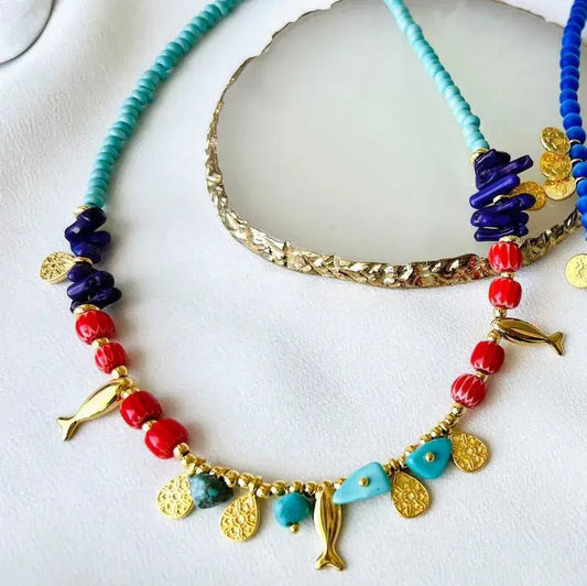 Colorful Bead Necklace with Fish Charms