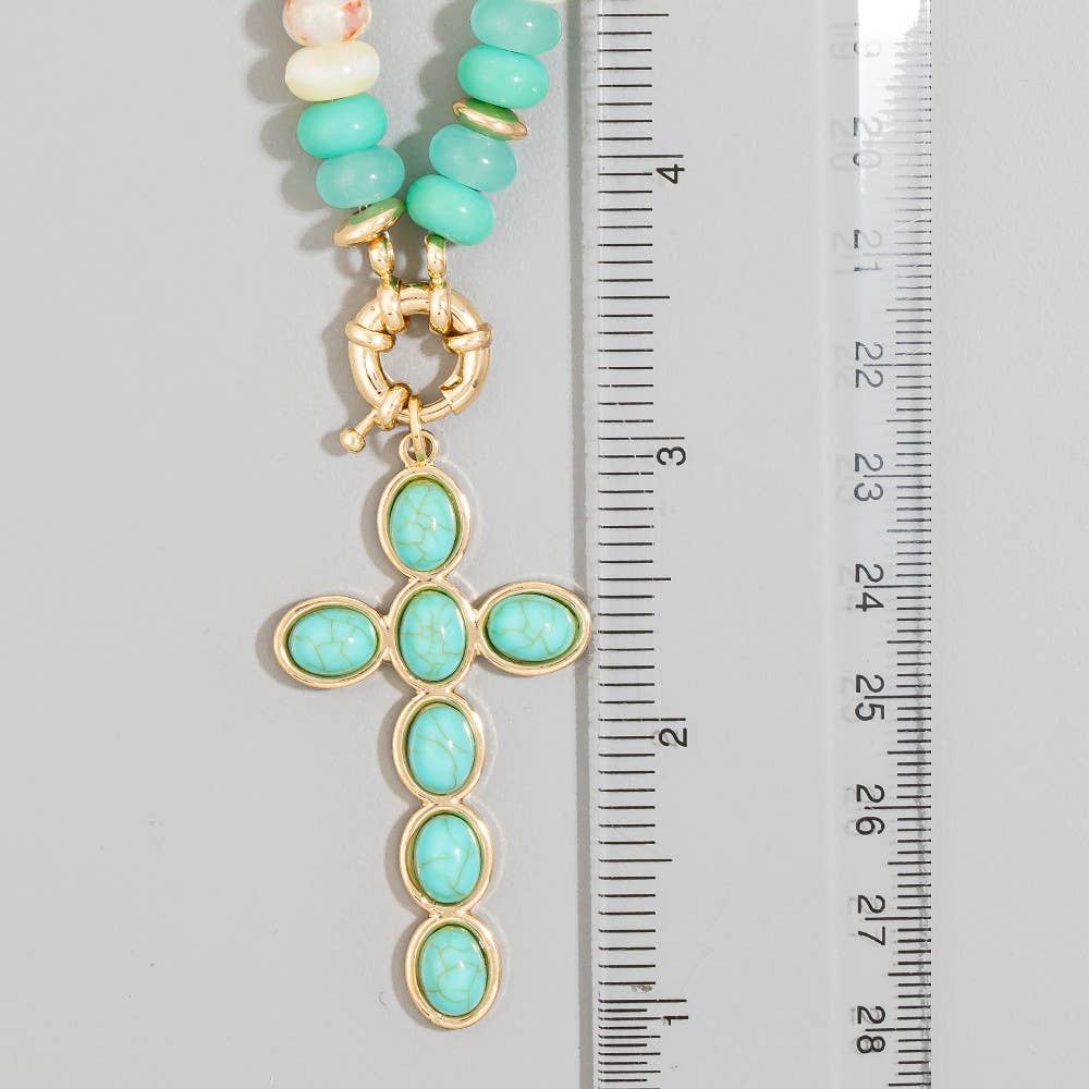 Semi Precious Stone Cross Pendant Necklace: MINT
