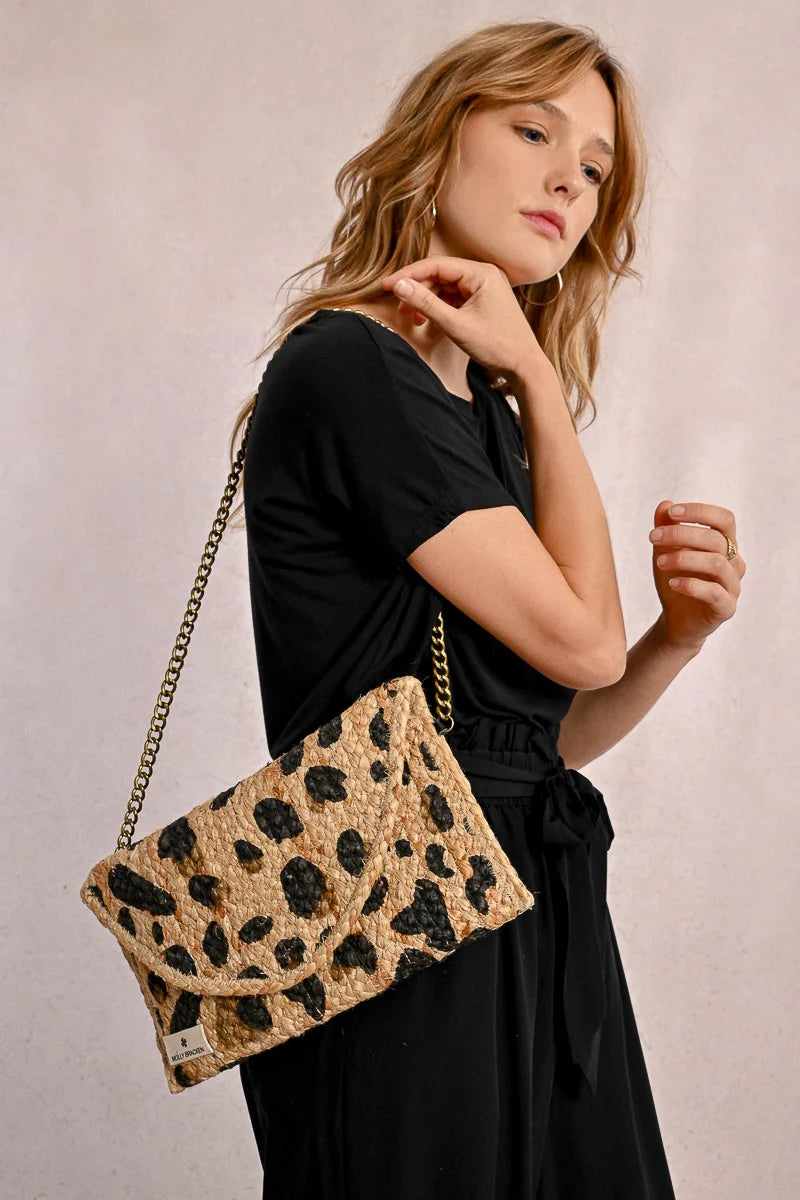 Leopard Straw Clutch with Chain
