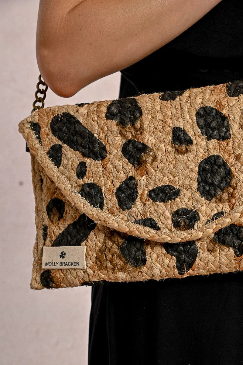 Leopard Straw Clutch with Chain