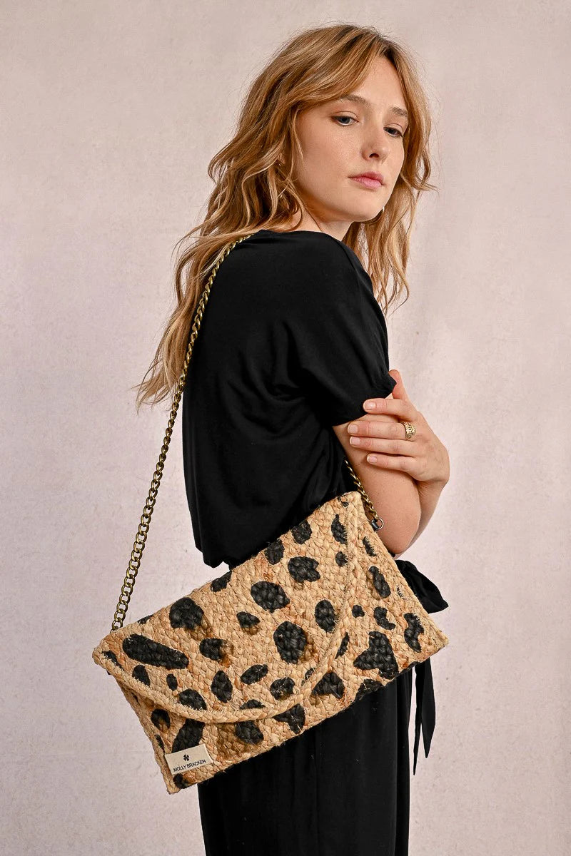 Leopard Straw Clutch with Chain
