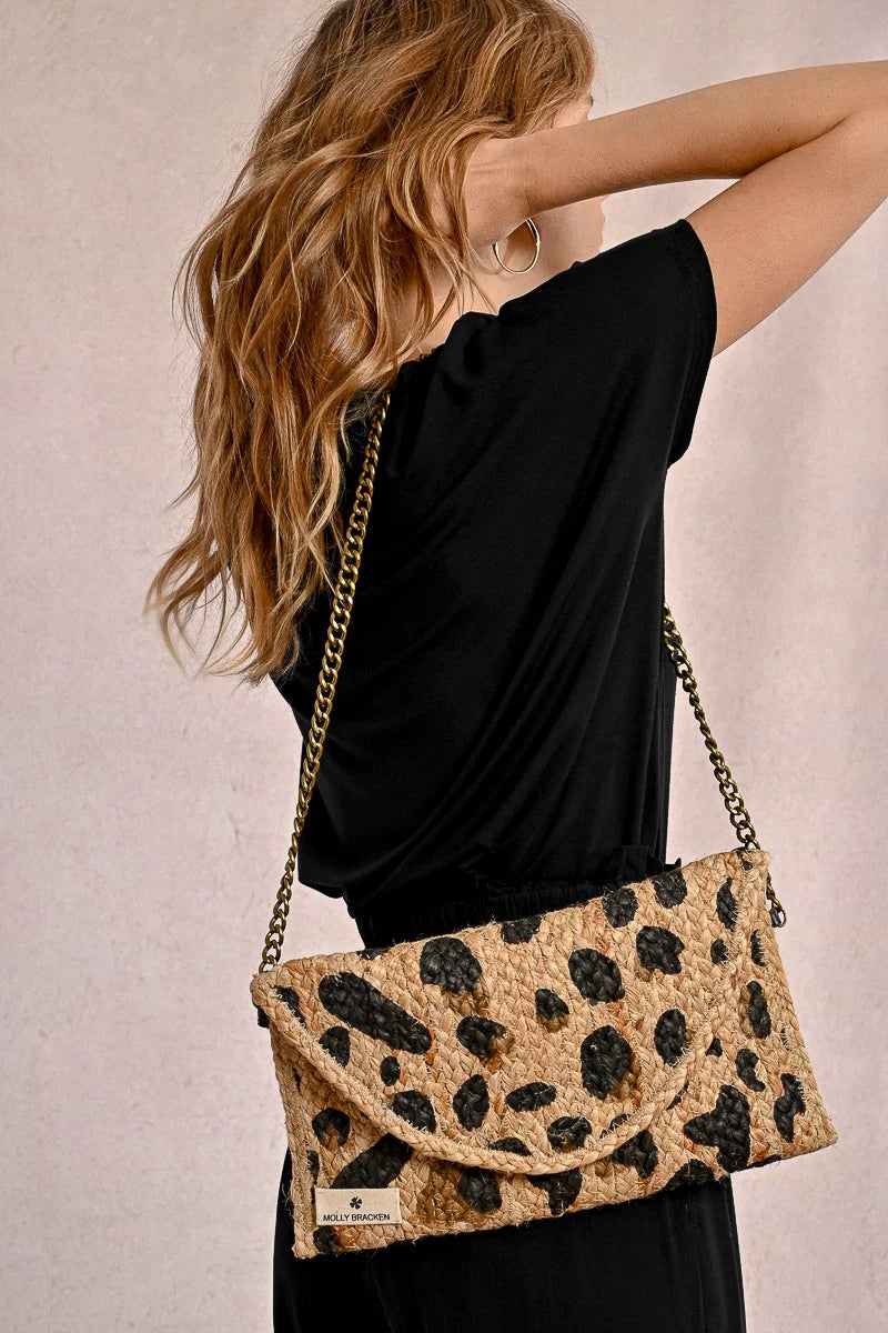 Leopard Straw Clutch with Chain