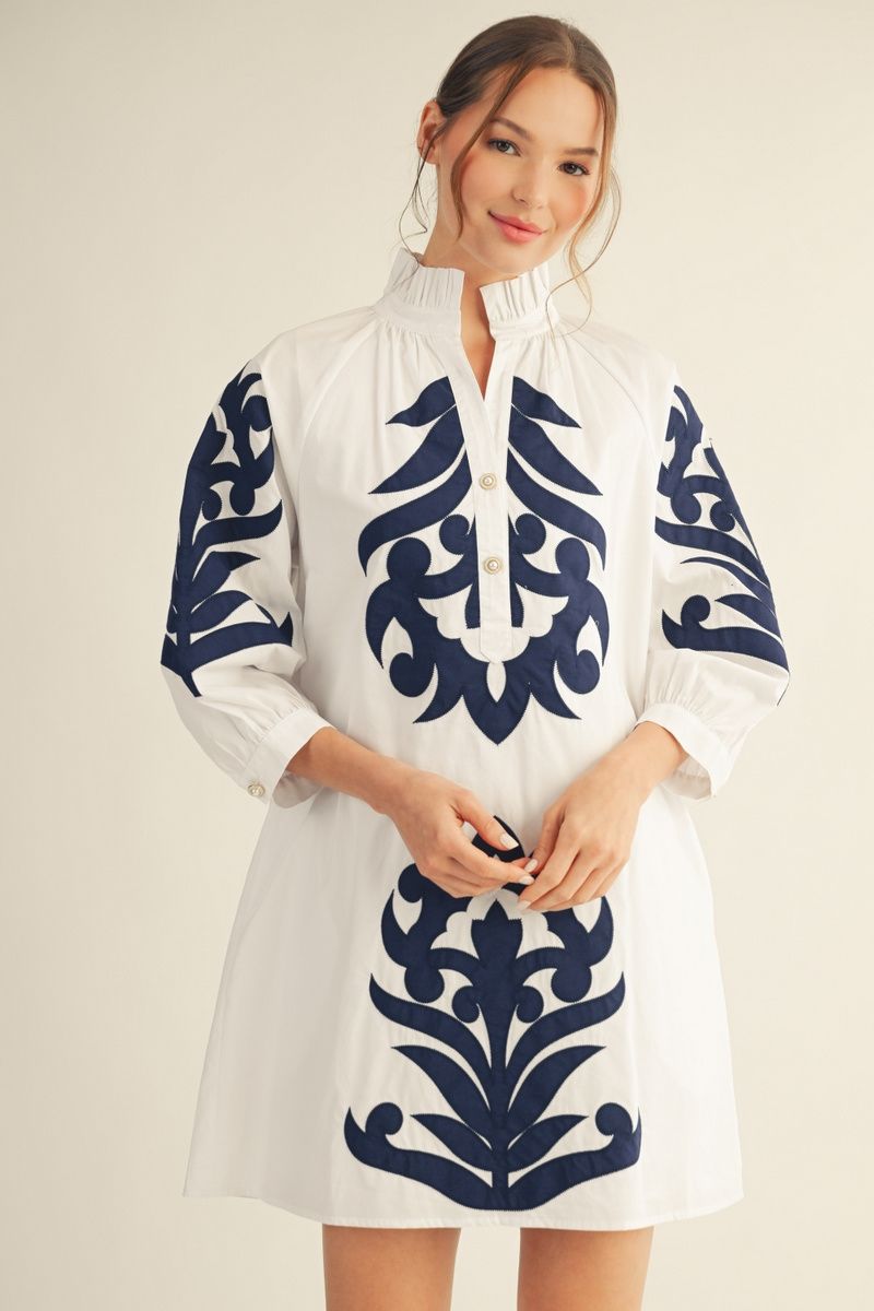 Savannah Dress -White/Navy
