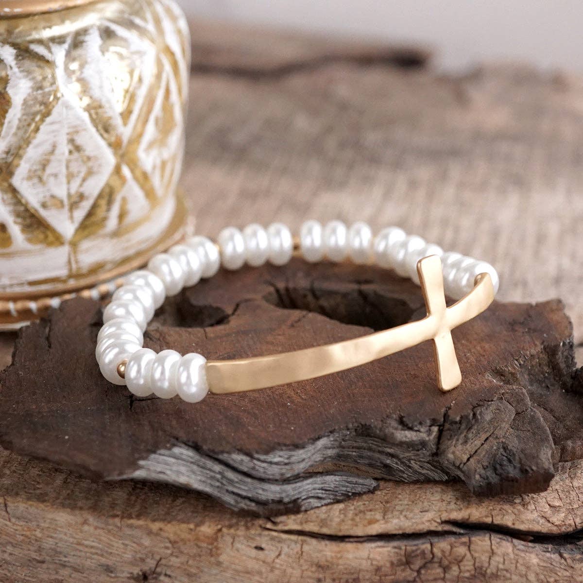 Rondelle Pearls Cross Bracelet