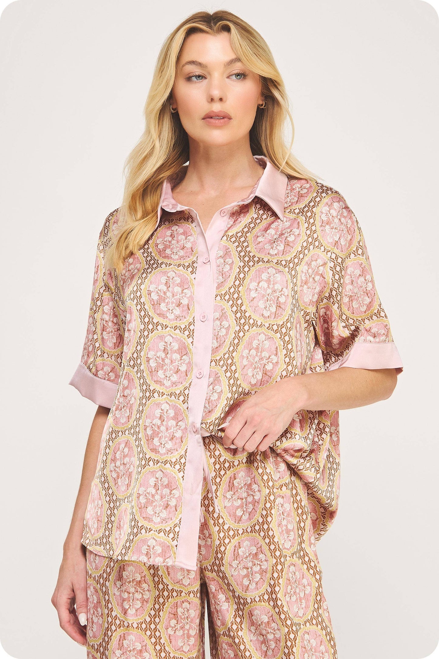 Venetian Satin Button Front Top
