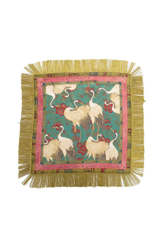 Fringed Crane Print SquarE sCARF