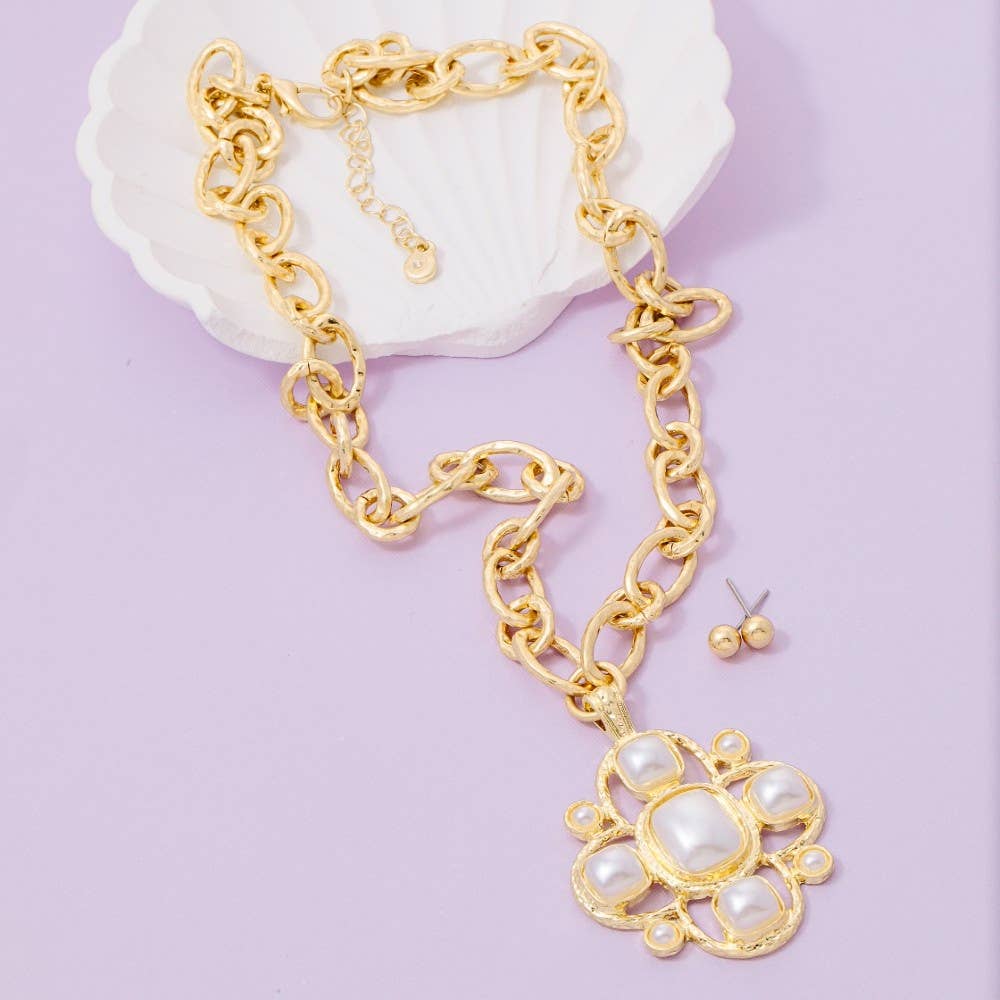 Chain Link Clover Stone Statement Necklace
