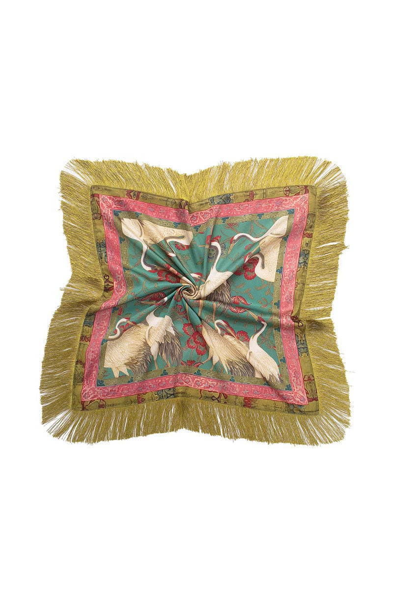 Fringed Crane Print SquarE sCARF