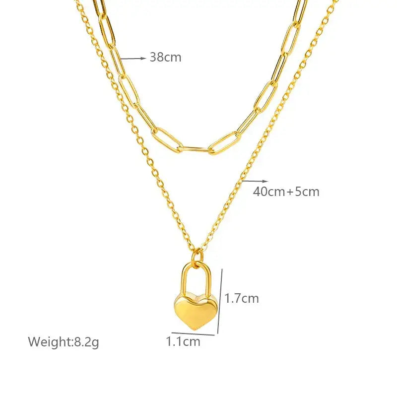 Double Layering Necklace with Paperclip & Lock Heart