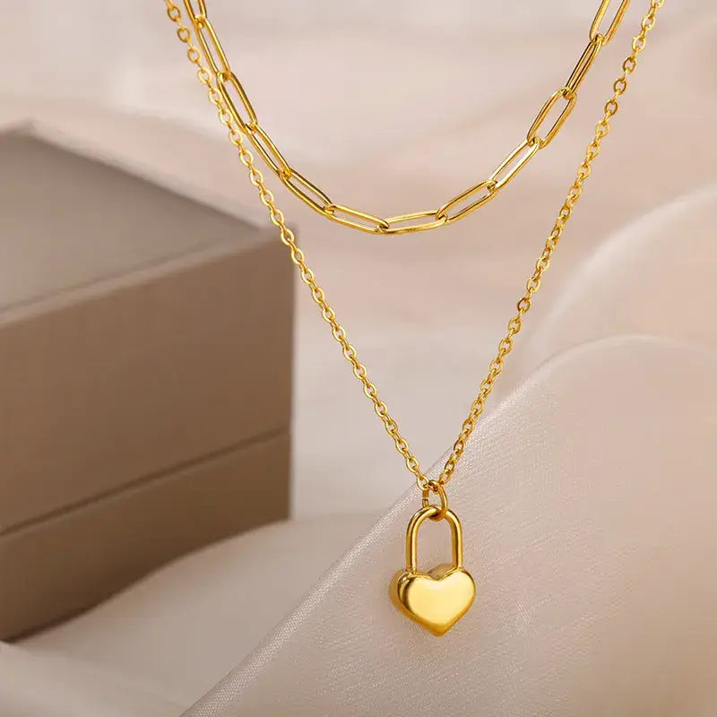 Double Layering Necklace with Paperclip & Lock Heart