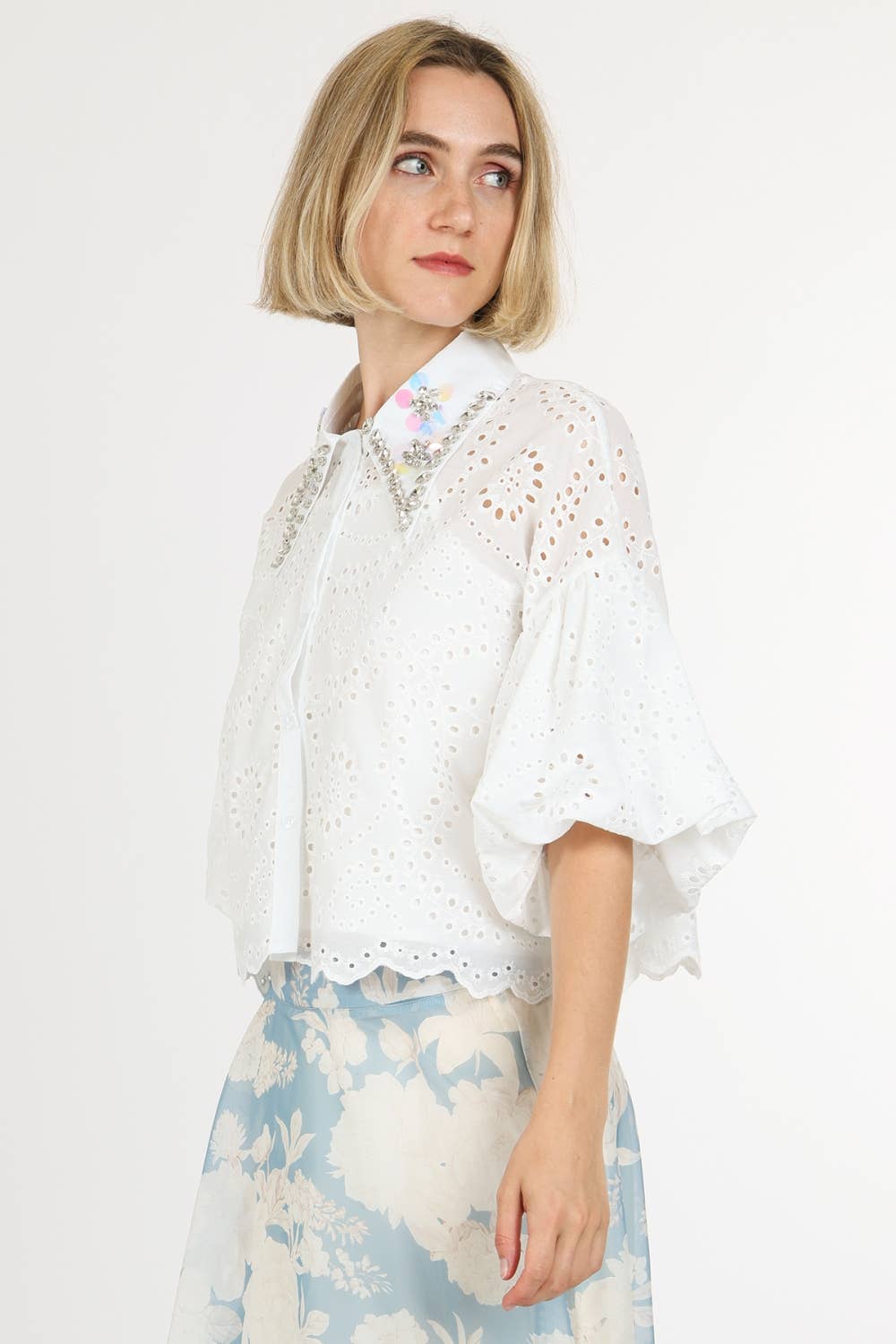 Iridescent Sequined & Embellished Eyelet Blouse