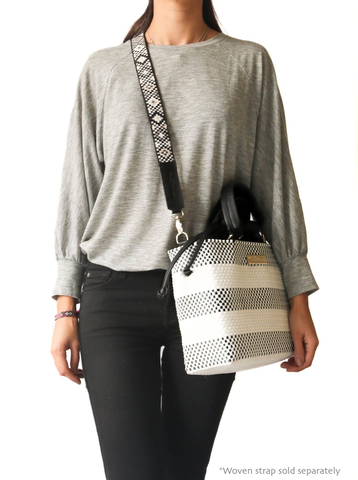 Lolo Medium Woven Crossbody with Drawstring Bag: Black & White