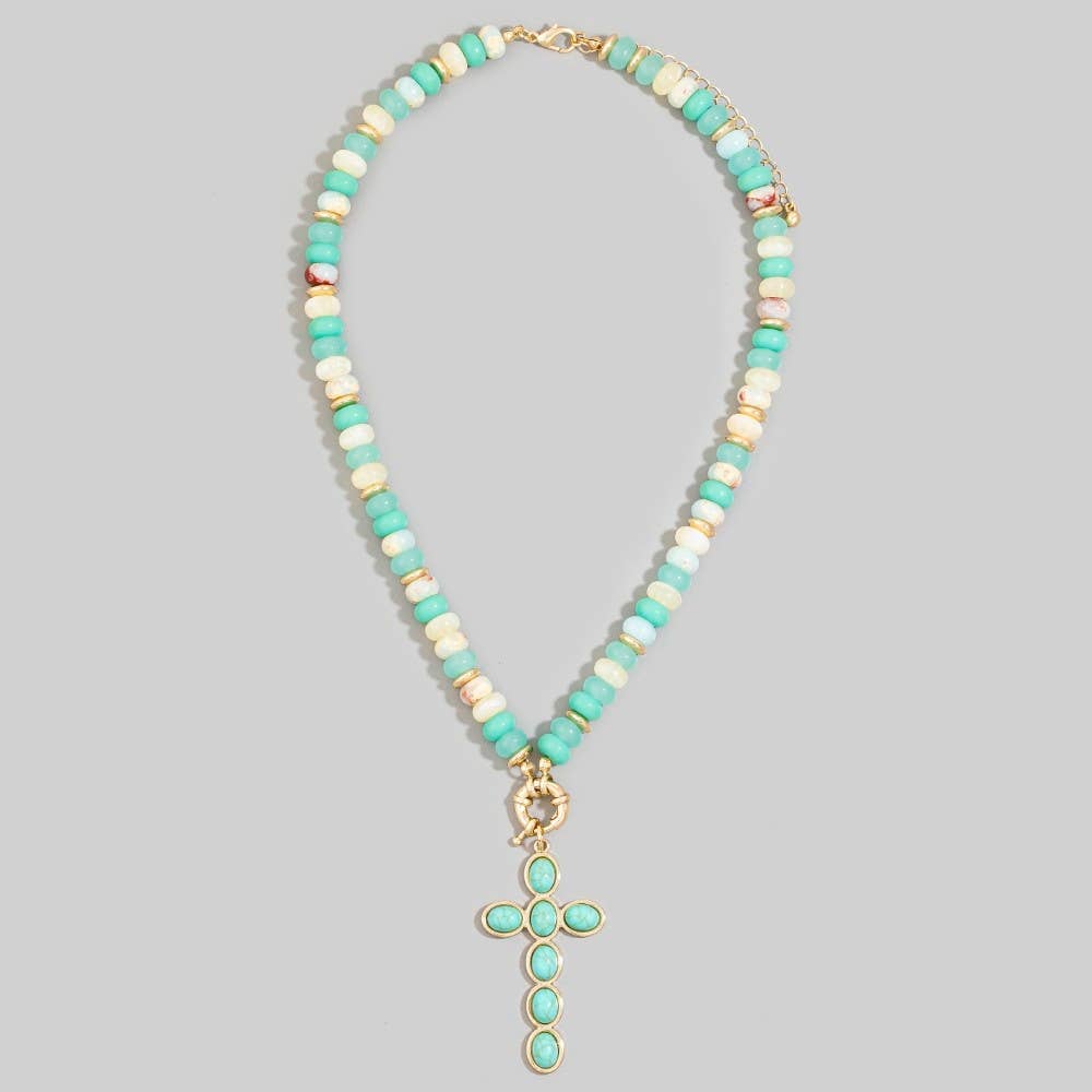 Semi Precious Stone Cross Pendant Necklace: MINT