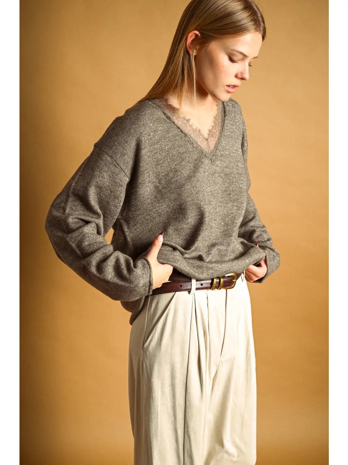 Laced Neckline Sweater - 2 Colors