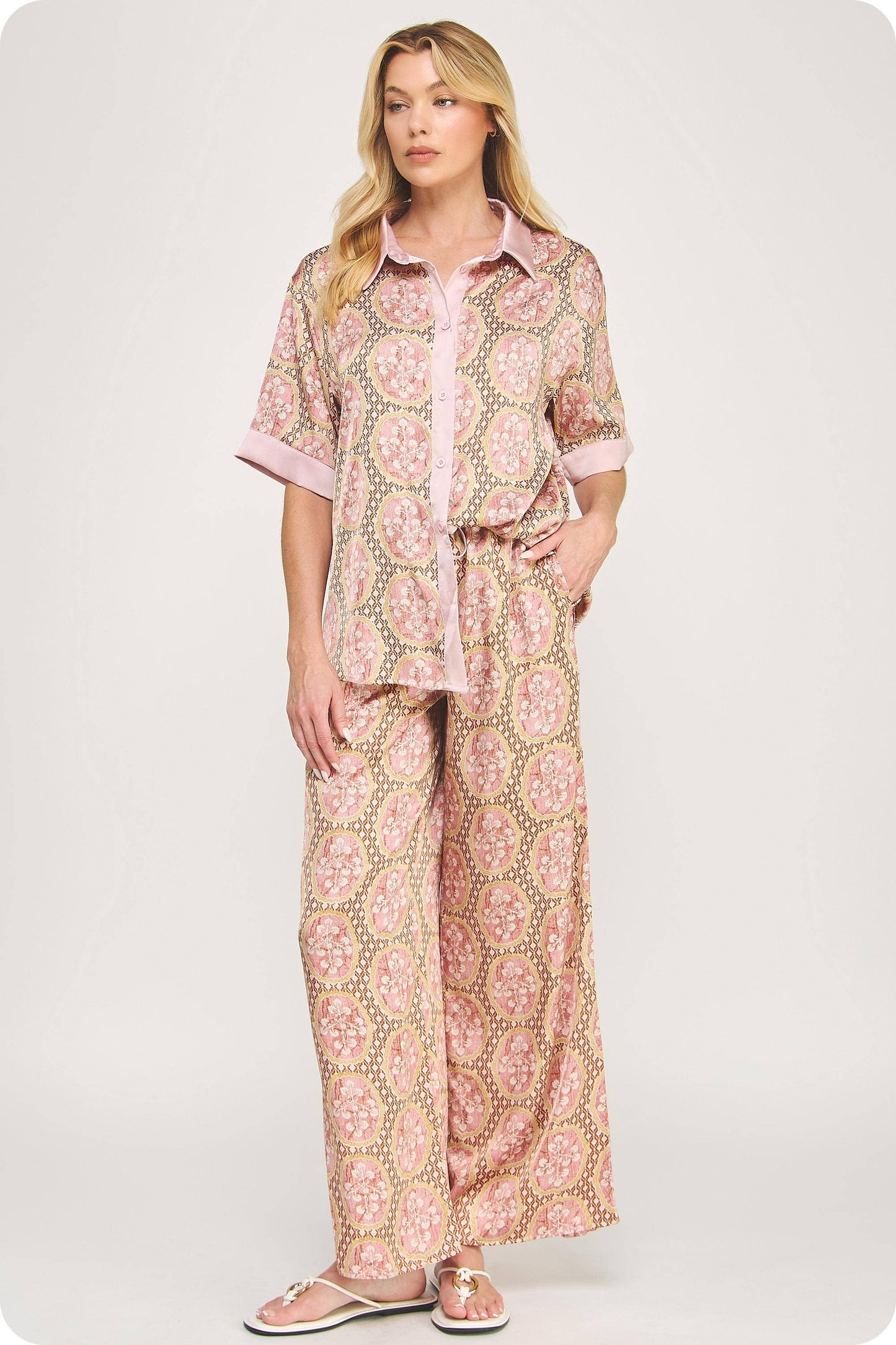 Venetian Satin Button Front Top