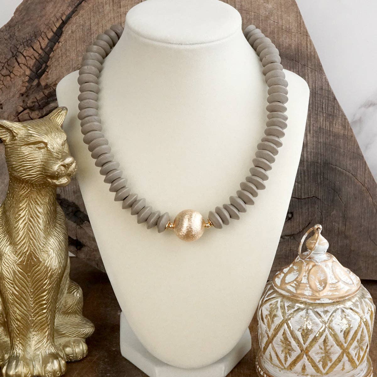 Wood Saucer Beads Short Statement Necklace- Multiple Colors