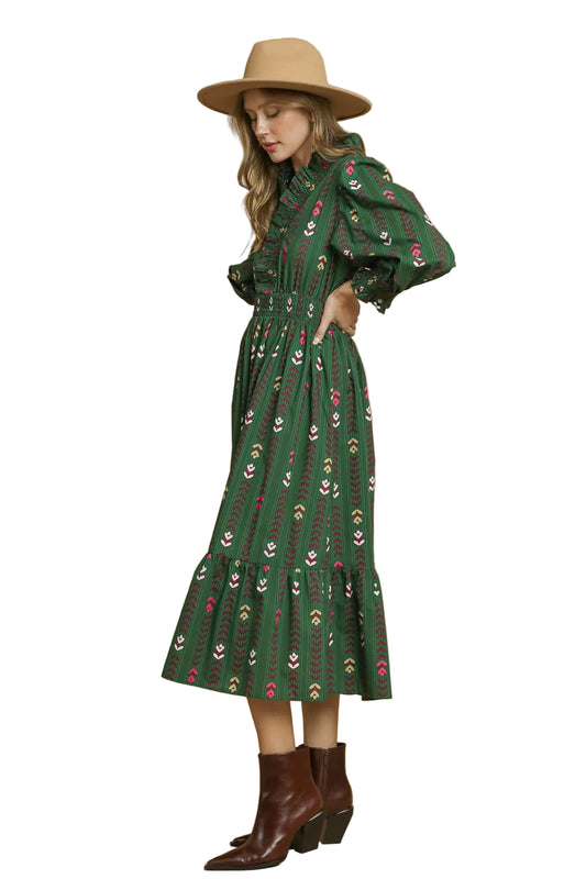 Green Floral Ruffled Collar Midi Dress