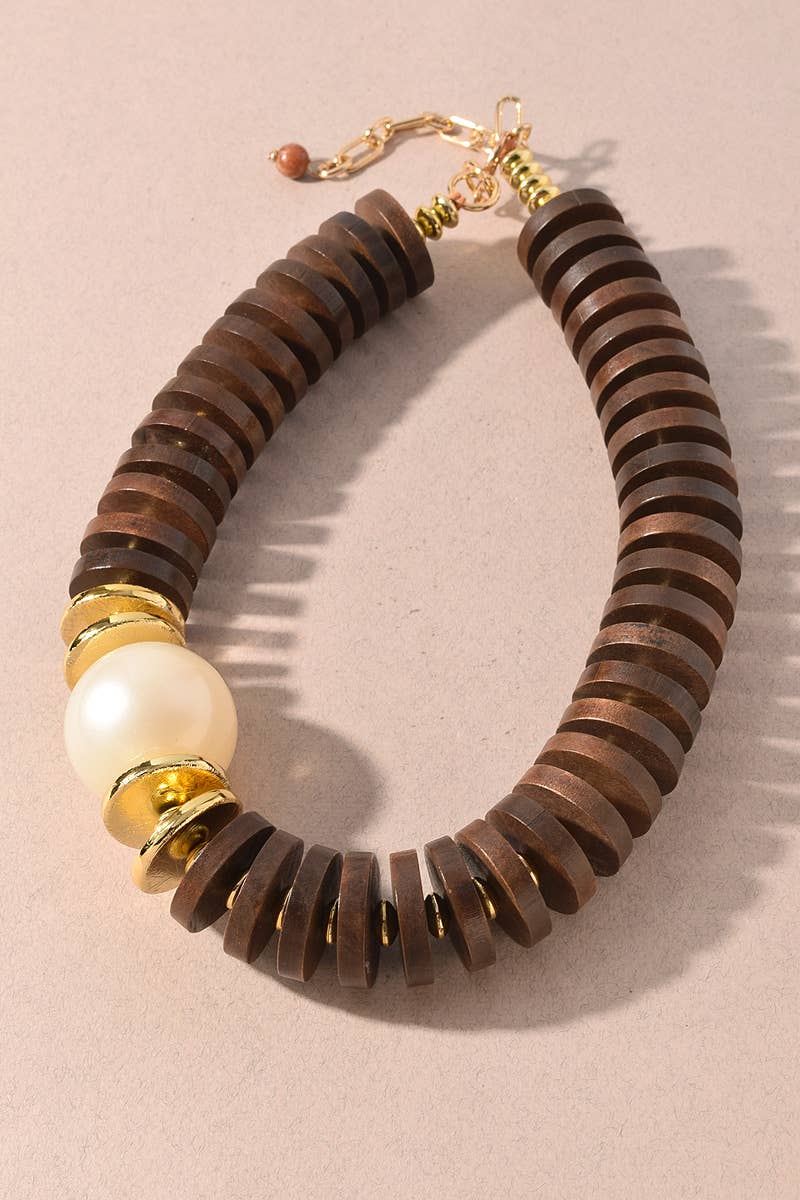 Wood Disc & Pearl Statement Necklace